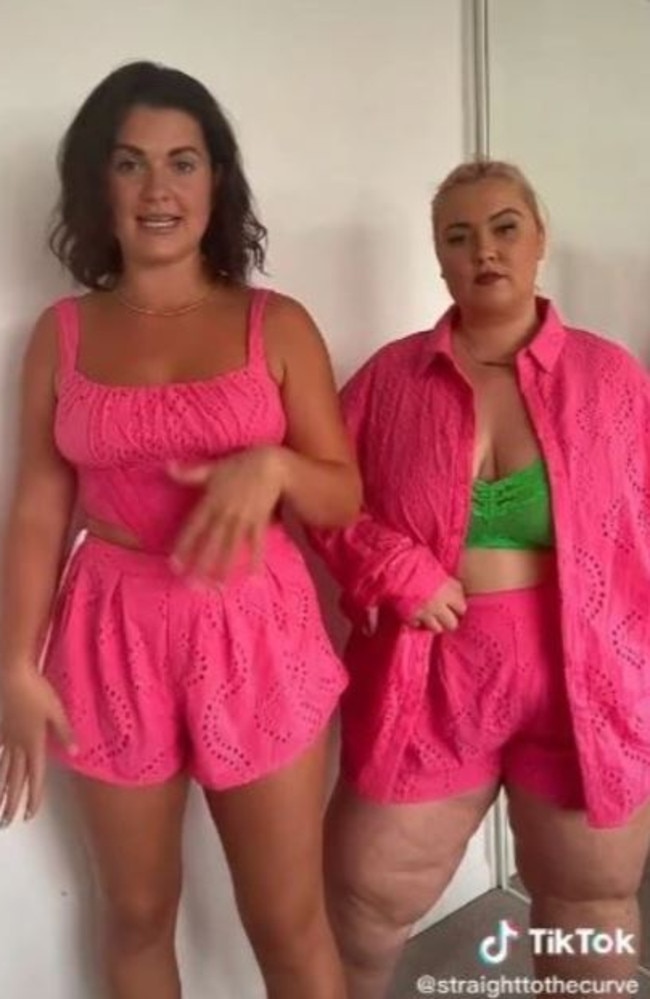 Best friends from the UK have gone viral after trying on size 10 and size 22 versions of same clothes and making a surprise discovery. Picture: TikTok/straighttothecurve