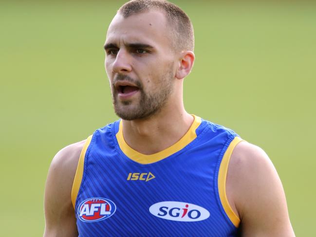 PERTH, AUSTRALIA - JUNE 18: Dom Sheed looks on during a West Coast Eagles AFL training session at Subiaco Oval on June 18, 2018 in Perth, Australia.  (Photo by Paul Kane/Getty Images)