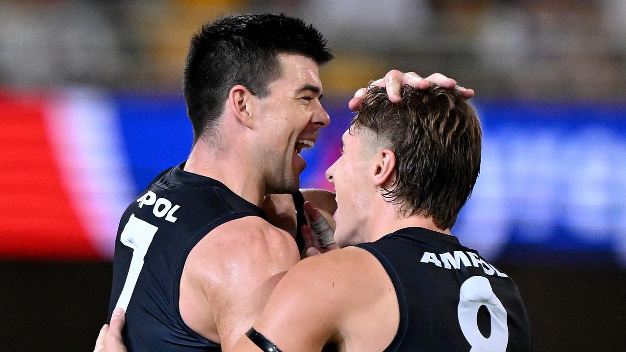 Lachie Fogarty (right) says Carlton’s opening round triumph over Brisbane at the Gabba was ‘one of my favourite wins ever’. Picture: Bradley Kanaris / Getty Images