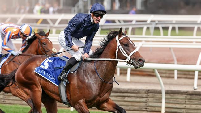 Switzerland storms to victory in the Group 1 Coolmore Stud Stakes at Flemington. Picture: Morgan Hancock/Racing Photos via Getty Images