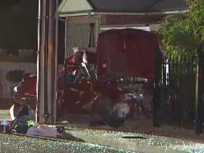 A 16-year-old girl and a 21-year-old man have suffered critical injuries after a car crashed into a pole on Daly Street in Gawler East early this morning.Police are searching for the driver of the Mitsubishi Lancer who fled the scene after the crash. Picture: Nine News Adelaide