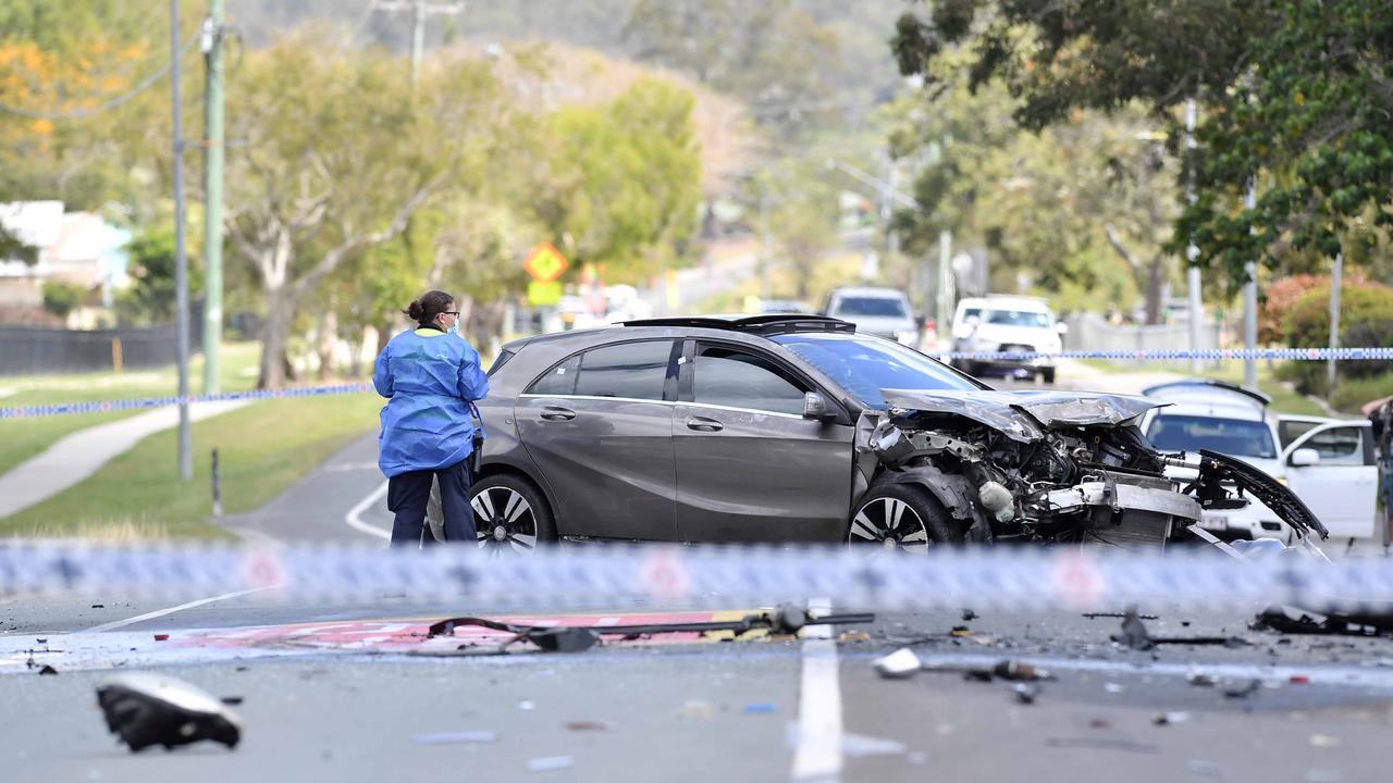 A woman has died in a horror crash involving a young driver allegedly in a stolen Mercedes outside a school on the Sunshine Coast. Picture: Patrick Woods.