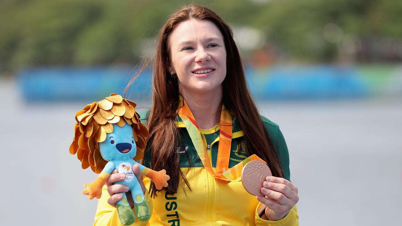 Susan Seipel of Australia poses on the medals podium after finishing third in the women's KL2 final at the Rio 2016 Paralympic Games. Picture: Matthew Stockman/Getty Images