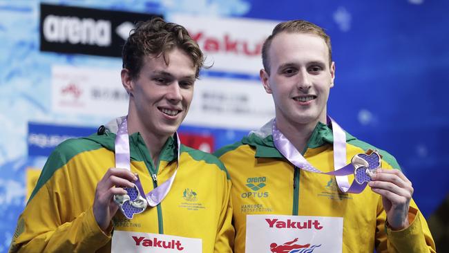 Zac Stubblety-Cook, left, and Matthew Wilson with their 2018 Pan Pacs medals. (Photo by Kiyoshi Ota/Getty Images)