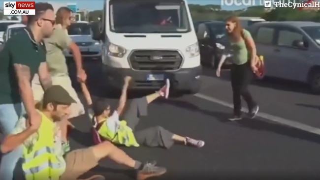 Vision shows one man snatch a banner from activists before he another man drag two protesters by the arm onto the side of the road. Picture: Supplied.
