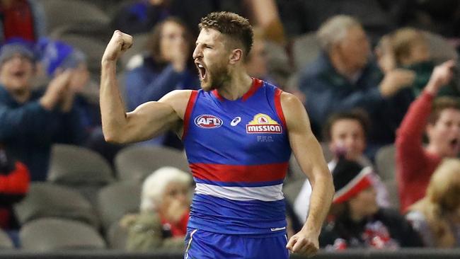 MELBOURNE, AUSTRALIA - MAY 22: Marcus Bontempelli of the Bulldogs celebrates a goal during the 2021 AFL Round 10 match between the Western Bulldogs and the St Kilda Saints at Marvel Stadium on May 22, 2021 in Melbourne, Australia. (Photo by Michael Willson/AFL Photos via Getty Images)