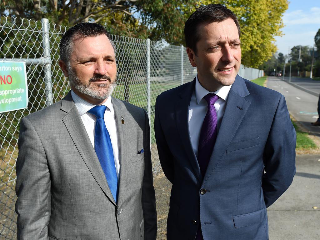 Graham Watt and Matthew Guy are looking for votes in Melton. Picture: Steve Tanner