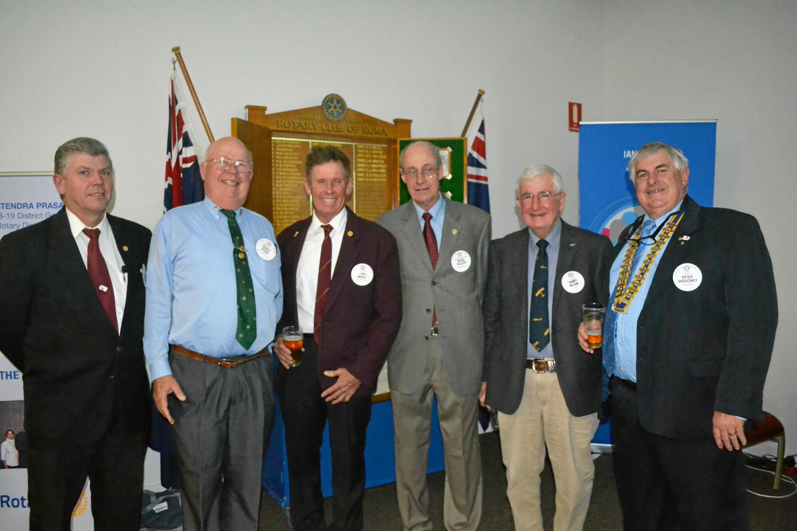 Past presidents of Roma Rotary, Paul Anderson, Greg Shaw, Russell Grulke, Noel Dillon, Barry McCabe and Peter Moloney. Picture: Molly Hancock