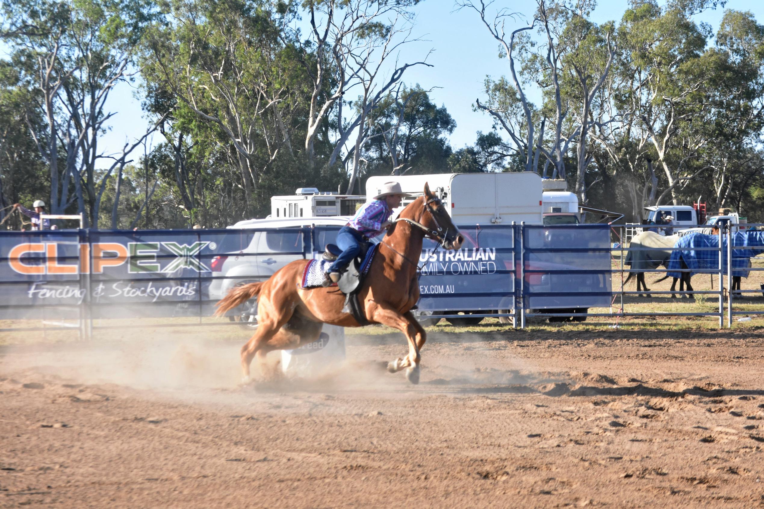 Tracey Porter, 3D barrel racing, Ayers Jackpot. Picture: Jorja McDonnell