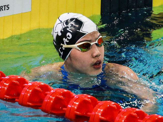 China's Yu Zidi reacts after finishing the women's 200 meters freestyle semifinal at the 2025 National Swimming Championships in Shenzhen, in China's southern Guangdong province on May 19, 2025. (Photo by AFP) / China OUT