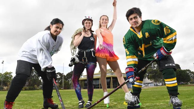 Ice hockey players Michelle and Jake Riley, rock climber Koa Weber and figure Skater Madi Dempsey are exciting at the prospect of the largest ice rink in southern suburbs. Picture:AAP/ Keryn Stevens