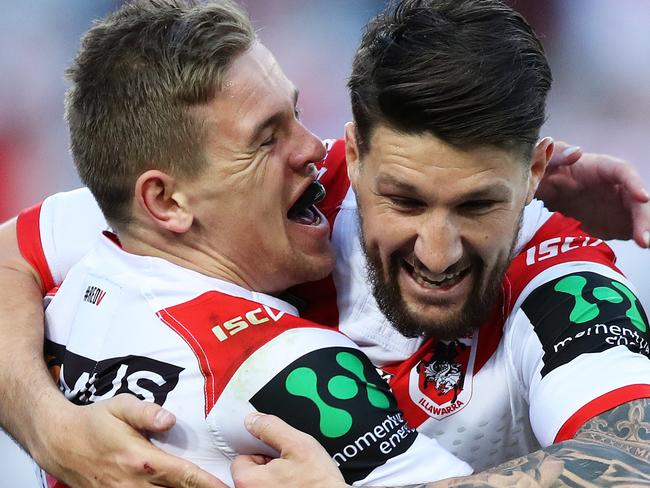 St George's Matt Dufty celebrates scoring a try with St George's Gareth Widdop during the St George v Bulldogs rugby league match at ANZ Stadium, Homebush. Picture: Brett Costello