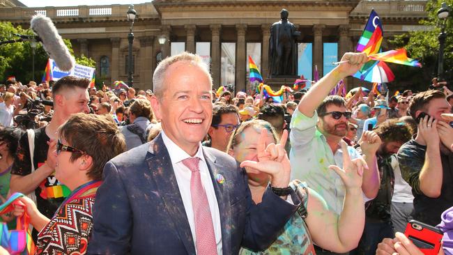 MELBOURNE, AUSTRALIA - NOVEMBER 15:  Leader of the Opposition Bill Shorten celebrates in the crowd as the result is announced during the Official Melbourne Postal Survey Result Announcement at the State Library of Victoria on November 15, 2017 in Melbourne, Australia. Australians have voted for marriage laws to be changed to allow same-sex marriage, with the Yes vote defeating No. Despite the Yes victory, the outcome of Australian Marriage Law Postal Survey is not binding, and the process to change current laws will move to the Australian Parliament in Canberra.  (Photo by Scott Barbour/Getty Images)