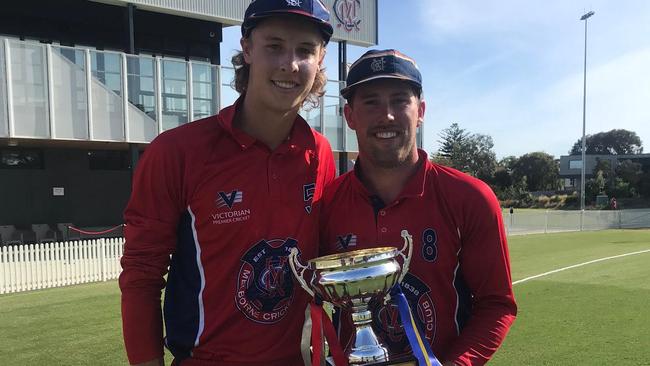 Blake Thomson stand-in skipper Blake Thomson with First XI newcomer Campbell Kellaway after the match. Pic: Andrew Kent