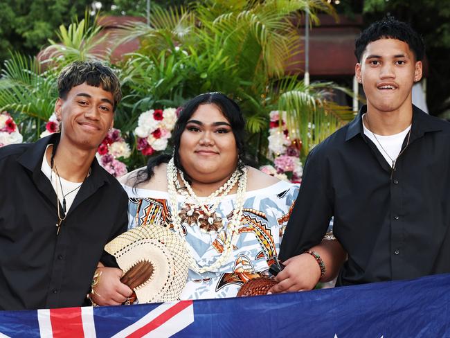 Tuauri Tapaitau, Taria Tapaitau and Tani Tereora arrive at the Gordonvale State High School senior formal at Norman Park, Gordonvale. Picture: Brendan Radke