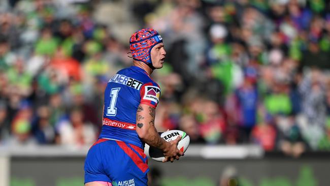 Kalyn Ponga sent a scare through Knights camp after being forced off for a HIA, but made it back onto the field. Picture: NRL Imagery.