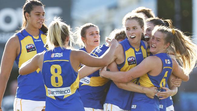 The Eagles celebrate after surviving an all-time AFLW scrap. Picture: Getty Images