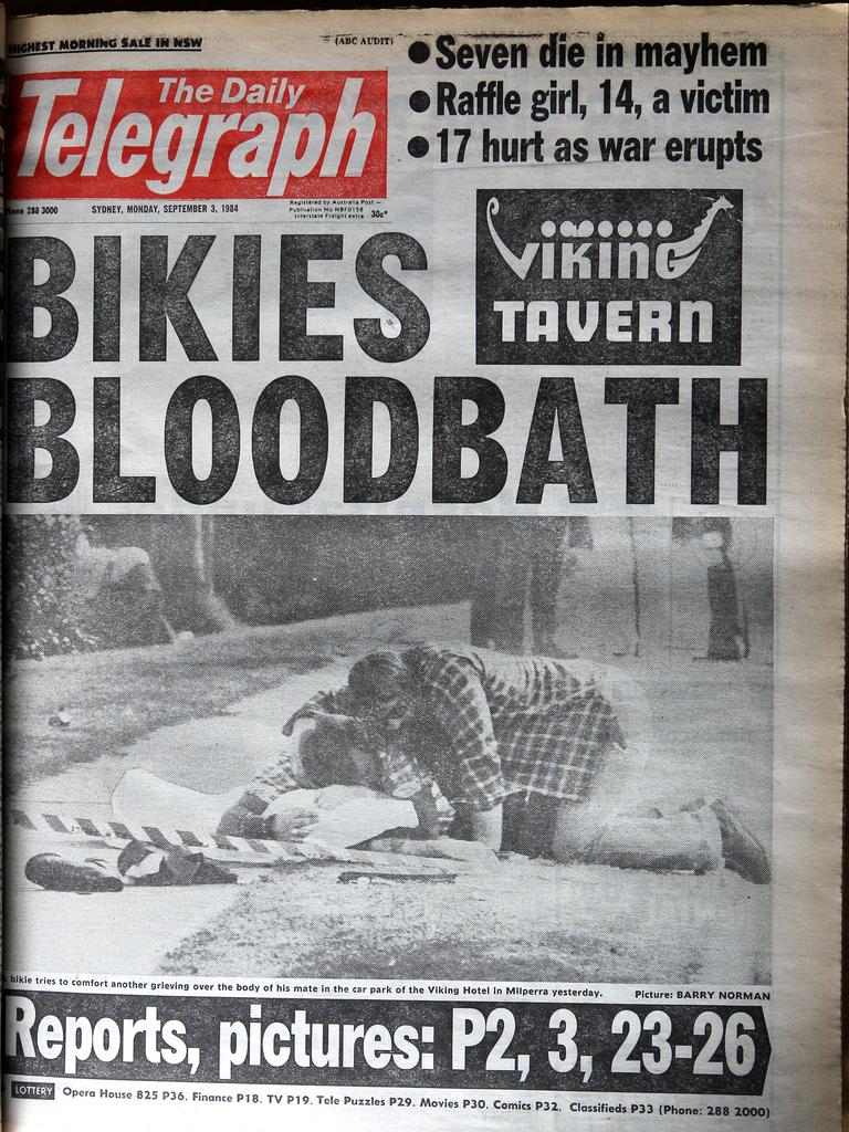 Front page of The Daily Telegraph with headline Bikies Bloodbath after the Milperra Bikie shootout.