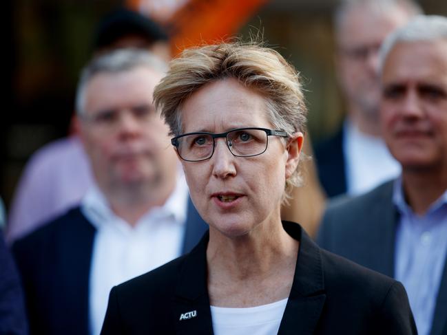 SYDNEY, AUSTRALIA - NewsWire Photos AUGUST 28, 2024: ACTU Secretary Sally McManus with Minister for Employment and Workplace Relations Murray Watt and TWU Secretary Michael Kaine with Transport Workers' Union, truck drivers, food delivery riders and parcel couriers as they make landmark applications for fairer work conditions on Wednesday. Picture: NewsWire / Nikki Short