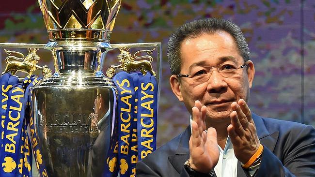 Leicester City owner Vichai Srivaddhanaprabha with the English Premier League trophy. Picture: AFP