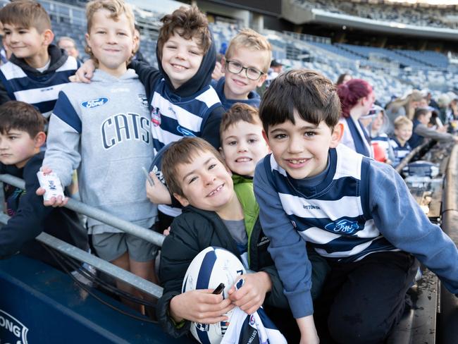 01-07-2024 Geelong Cats open training day at GMHBA Stadium.Oscar McGuliffe, Francis Pendergast, Theo Pate, Alfie Thompson, Louis Collins and Hayden Pendergast. Picture: Brad Fleet