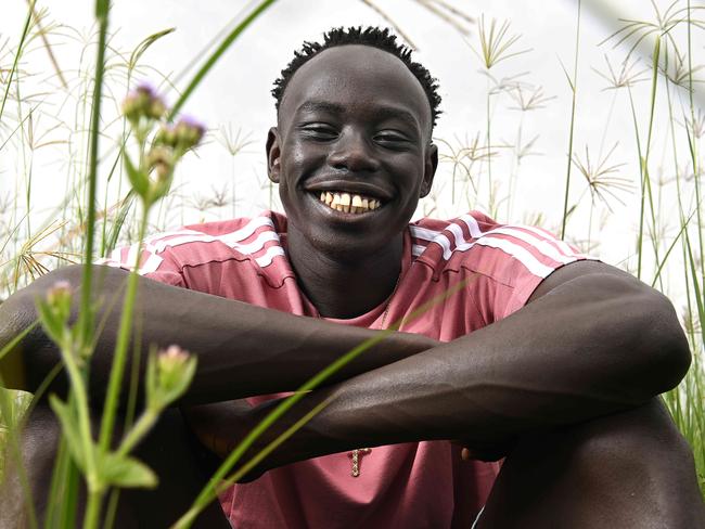 **HOLD FOR SATURDAY PAPERS** 4/12/2024: Teenage sprint running star Gout Gout, who has smashed a number of records recently in competition, near his home in Spring Mountain, Brisbane. pic: Lyndon Mechielsen/Courier Mail