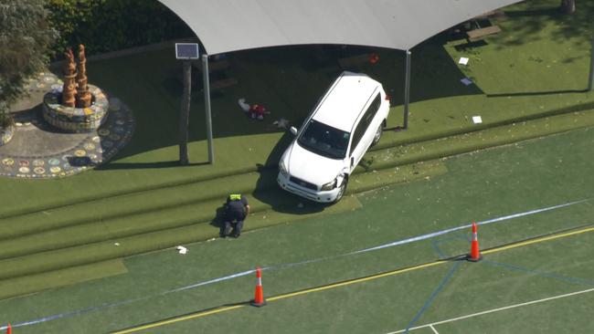 Seven News screen grabs at Auburn South Primary School in Hawthorn East where a car has driven into the school. Picture: 7NEWS