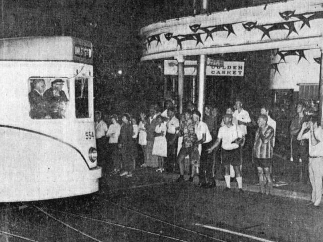 Mayor Clem Jones drives the last official tram, no 554, bound for Milton/Workshops on April 13, 1969. 