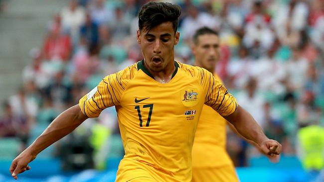 Socceroo Daniel Arzani in action against Peru match at Fisht Stadium in Sochi during the 2018 World Cup in Russia. Picture: Toby Zerna