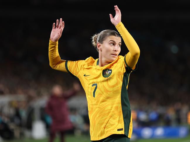 Steph Catley is battling a leg injury ahead of the Matildas’ Olympic Games campaign. Picture: Cameron Spencer/Getty Images