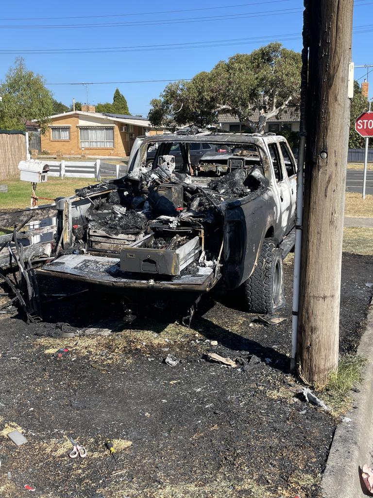 A ute has been destroyed in suspicious circumstances on the corner of Teleta Cres and Purnell Rd, Corio.