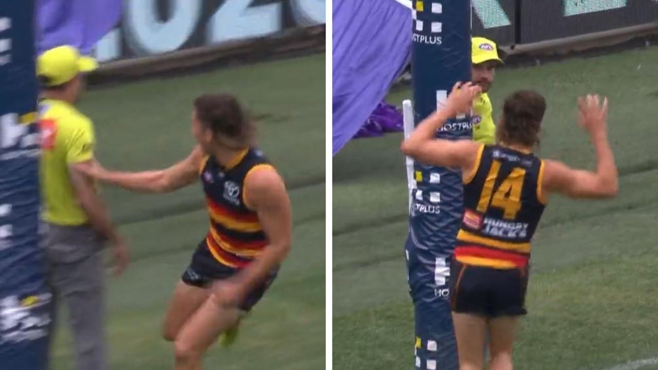 Jake Soligo after kicking a goal during Adelaide's Round 4 clash against Fremantle.