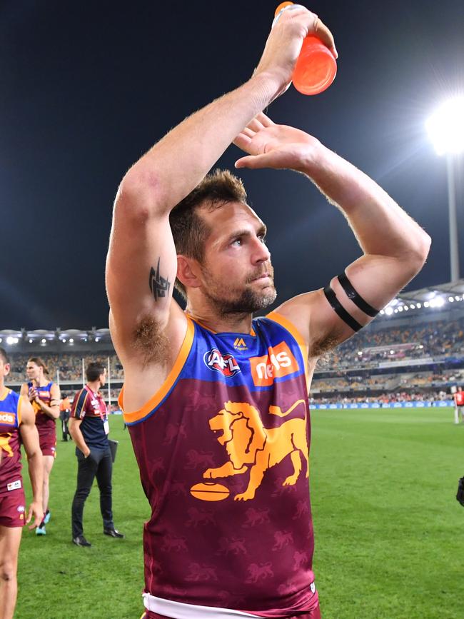 Luke Hodge leaves the field as a player for the last time after Brisbane were beaten by GWS in the second week of the AFL finals.