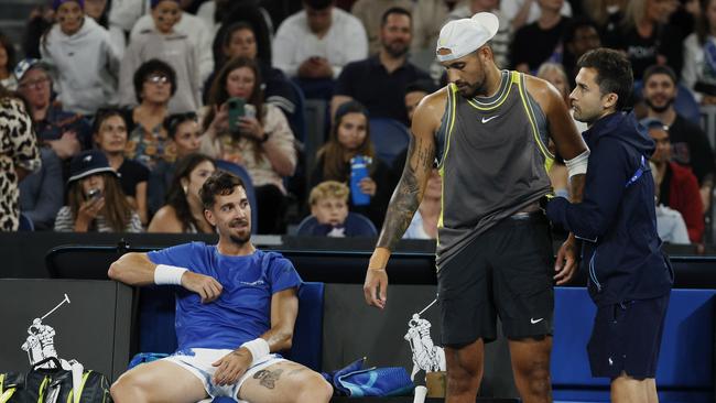 Nick Kyrgios and Thanasi Kokkinakis have both been dogged by injuries and were forced to retire from their opening doubles match on Thursday night. Picture: Michael Klein