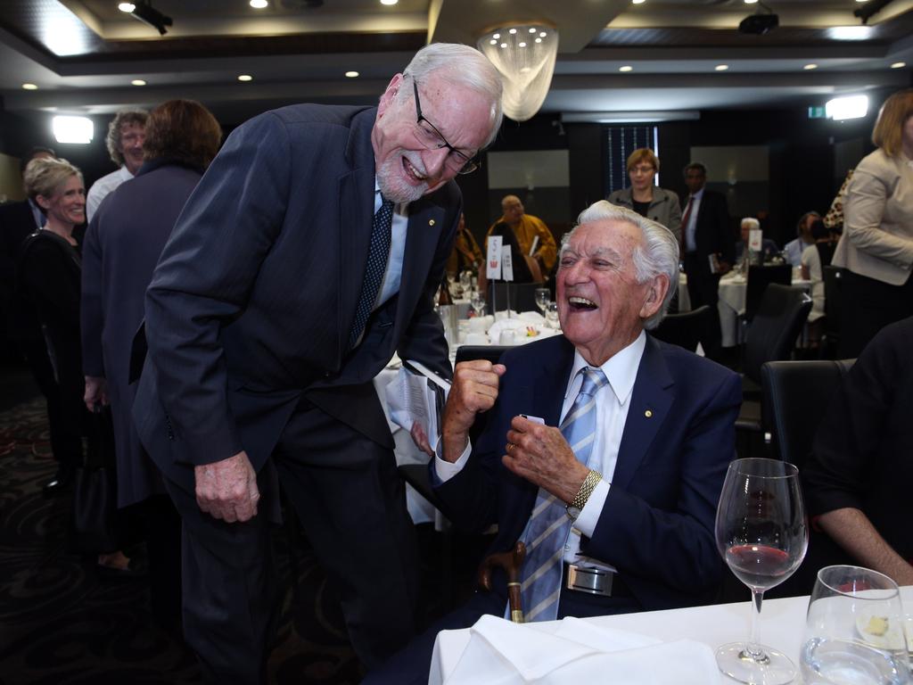 Chancellor of The Australian National University Gareth Evans and Former Prime Minister of Australia Bob Hawke at the National Press Club in Canberra. Picture: Gary Ramage