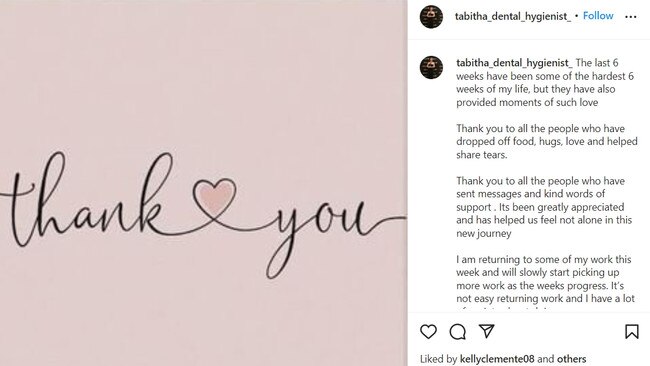 Tabitha Acret shared this emotional post on Instagram on Wednesday. Picture: Instagram