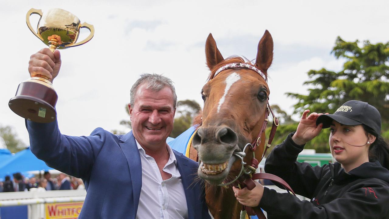 Trainer Darren Weir and Kiwia were all smiles after winning the Ballarat Cup. Picture: AAP