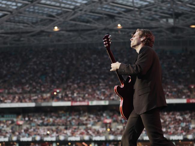 Luke Hemmings of 5 Seconds of Summer performs during Fire Fight Australia at ANZ Stadium in Sydney. Picture: Getty Images