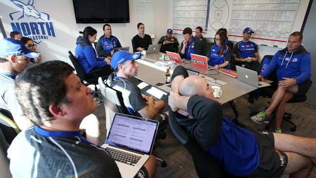 Senior coach Brad Scott heads up a total football department meeting after the Fremantle game. Picture: Michael Klein