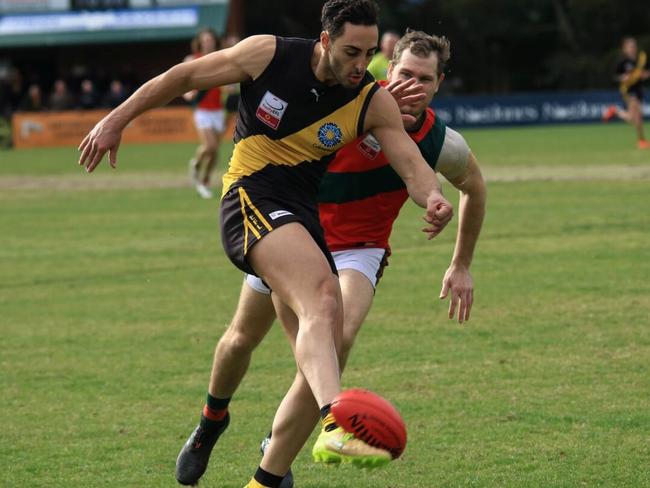 Jake Parente kicked four goals in Mitcham’s win over The Basin. Picture: Davis Harrigan