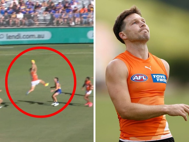 Toby Greene takes a mark with his leg raised. Photos: Fox Sports/Getty Images