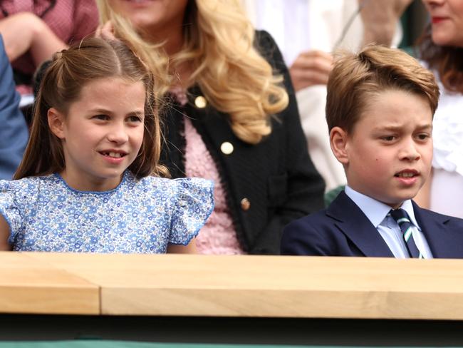 LONDON, ENGLAND - JULY 16: Princess Charlotte of Wales and Prince George of Wales are seen in the Royal Box ahead of the Men's Singles Final between Novak Djokovic of Serbia and Carlos Alcaraz of Spain on day fourteen of The Championships Wimbledon 2023 at All England Lawn Tennis and Croquet Club on July 16, 2023 in London, England. (Photo by Julian Finney/Getty Images)