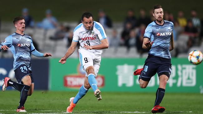 Damiao of Kawasaki Frontale launches a bullet-like shot to score his team’s fourth goal against Sydney FC. Picture: Getty Images