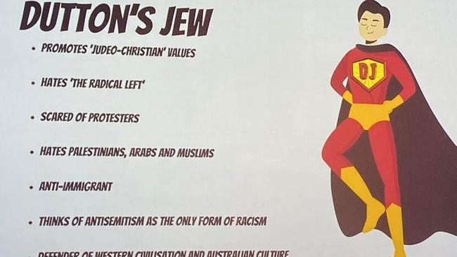 The ‘Dutton’s Jew’ cartoon was shown during a ‘comedy debate’ at the symposium on Wednesday. Picture: Supplied