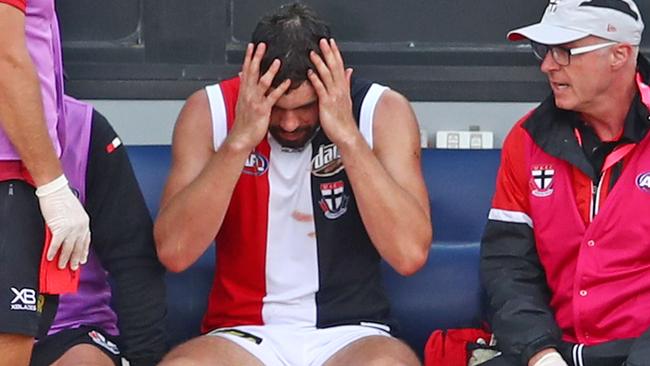 Paddy McCartin is on St Kilda’s long-term injury list after copping a number of head knocks. Picture: Getty Images