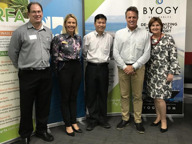 Candidate for Mackay Regional Council Stephen Cutting (left) with Larissa Rose – managing director at QRFA, Heng Ho Weng (QUT) – plant manager at Mackay Renewables Bicommodities Pilot Plant, Kevin Weiss – chief executive officer at Byogy Renewables and Julieanne Gilbert – Member for Mackay, in 2018. Picture: Heidi Petith