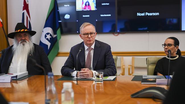 Senator Pat Dodson, Mr Albanese and Indigenous Australians Minister Linda Burney attend a Referendum Working Group meeting at Parliament house in Canberra. Picture: NCA NewsWire / Martin Ollman