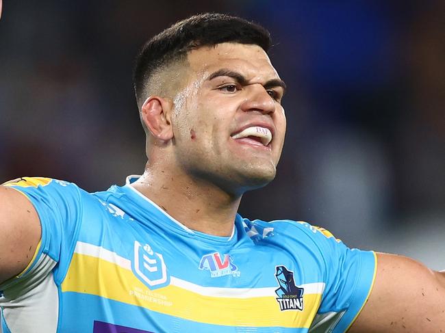 GOLD COAST, AUSTRALIA - AUGUST 04: David Fifita of the Titans reacts during the round 23 NRL match between Gold Coast Titans and New Zealand Warriors at Cbus Super Stadium on August 04, 2023 in Gold Coast, Australia. (Photo by Chris Hyde/Getty Images)