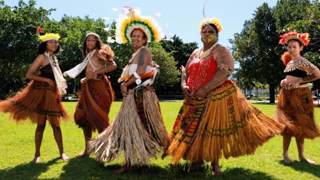 The Cairns Papua New Guinea community will celebrate their annual PNG family cultural day this weekend. Andrea Kila, 15, Mary Kila, 13, Jane Killian, Mary Hoepper and Mia Grimsley, 10, will represent their provinces through dance at the cultural celebration on Sunday at Fogerty Park. Picture: Brendan Radke