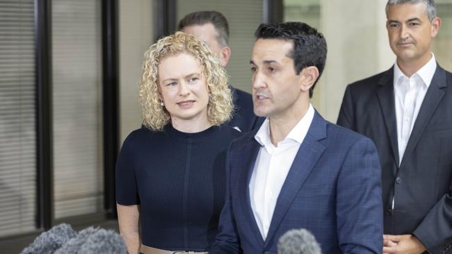 Premier David Crisafulli with Amanda Stoker and other assistant ministers at Parliament House on Sunday. Picture: Richard Walker